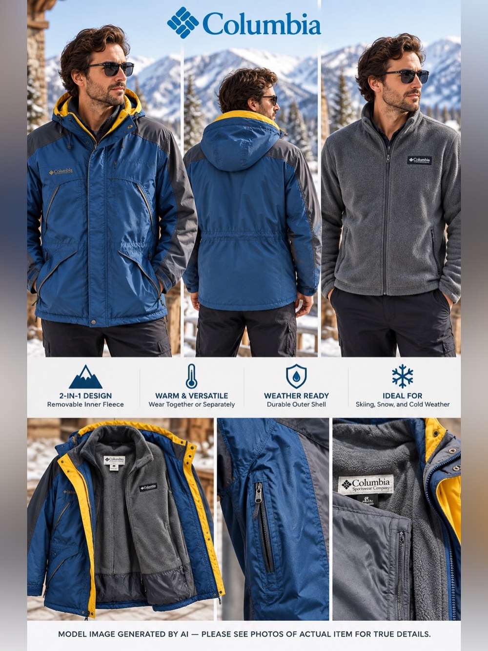 Columbia‎ Sportswear Large Interchange Jacket Parka 3-in-1 Outdoor Hiking Ski